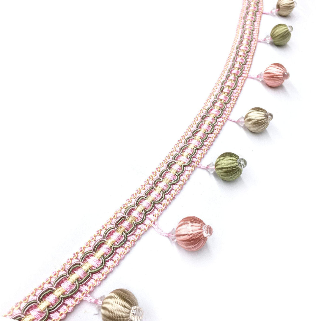 2 COLORS / GISELLE 2" Pink Blue Boho Pompom ball Beaded Tassel Fringe Trim / By The Yard - Classic & Modern
